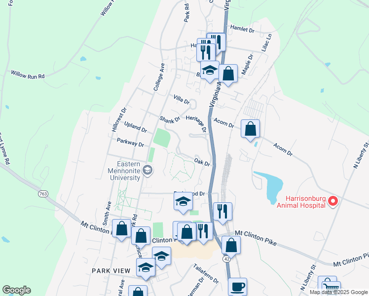 map of restaurants, bars, coffee shops, grocery stores, and more near Oak Drive in Harrisonburg