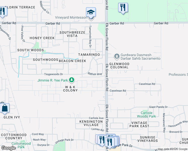 map of restaurants, bars, coffee shops, grocery stores, and more near 8833 Billfish Way in Sacramento