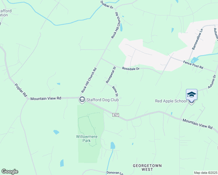 map of restaurants, bars, coffee shops, grocery stores, and more near Rosepetal Street in Stafford County