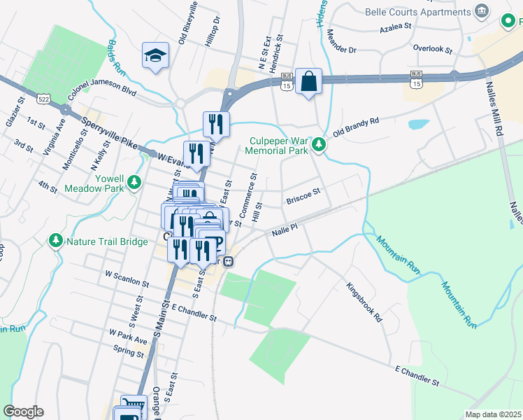 map of restaurants, bars, coffee shops, grocery stores, and more near 409 Hill Street in Culpeper