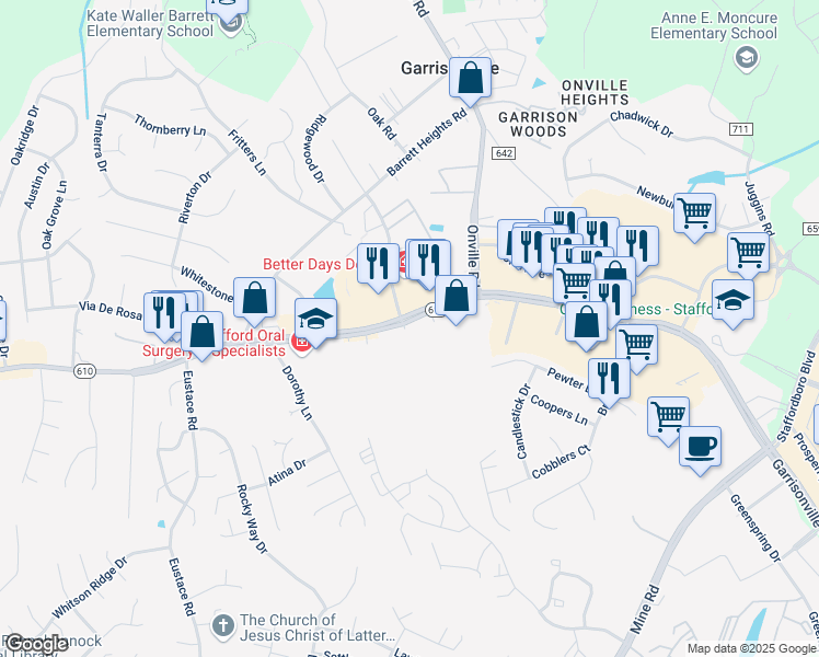 map of restaurants, bars, coffee shops, grocery stores, and more near 425 Garrisonville Road in Stafford