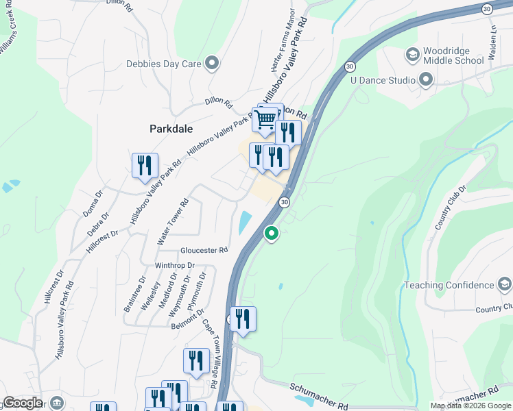map of restaurants, bars, coffee shops, grocery stores, and more near 115 Jacqueline Lane in High Ridge