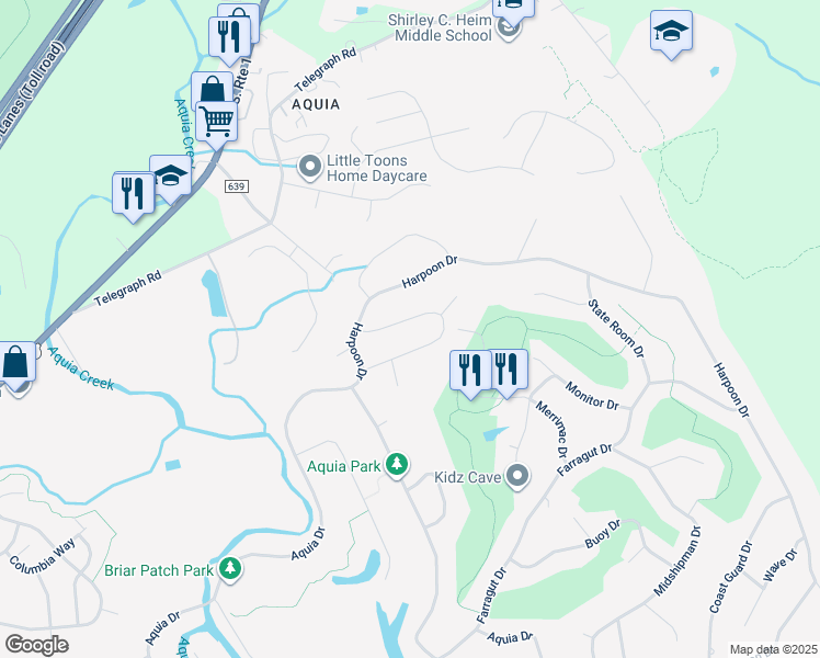 map of restaurants, bars, coffee shops, grocery stores, and more near 2024 Admiral Drive in Stafford