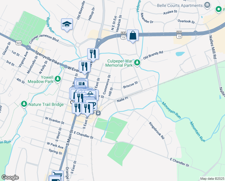 map of restaurants, bars, coffee shops, grocery stores, and more near 409 Hill Street in Culpeper