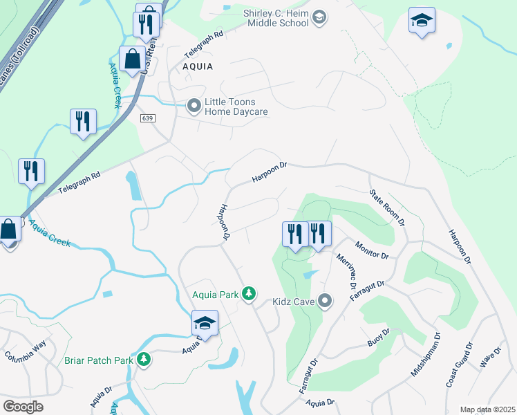 map of restaurants, bars, coffee shops, grocery stores, and more near 2024 Admiral Drive in Stafford