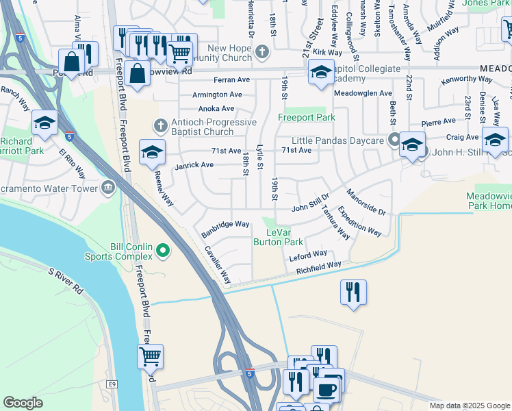 map of restaurants, bars, coffee shops, grocery stores, and more near 7762 Lytle Street in Sacramento