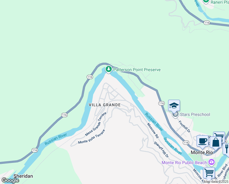 map of restaurants, bars, coffee shops, grocery stores, and more near 21866 East Street in Monte Rio