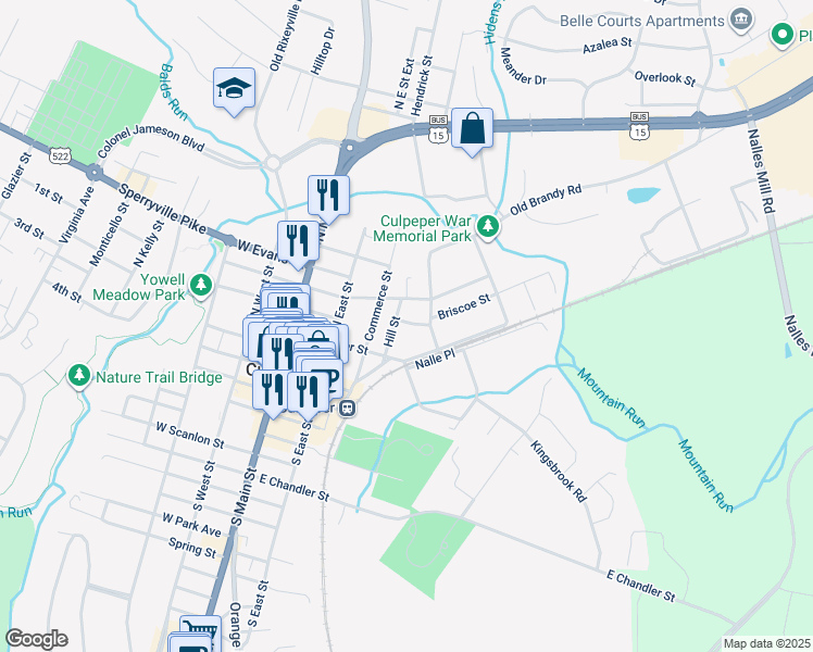 map of restaurants, bars, coffee shops, grocery stores, and more near 406 East Spencer Street in Culpeper