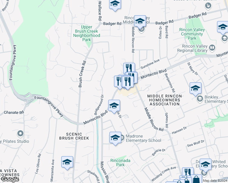 map of restaurants, bars, coffee shops, grocery stores, and more near 799 Montecito Center in Santa Rosa