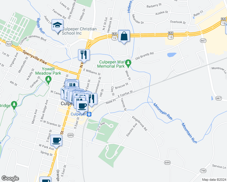 map of restaurants, bars, coffee shops, grocery stores, and more near 405 Clay Street in Culpeper