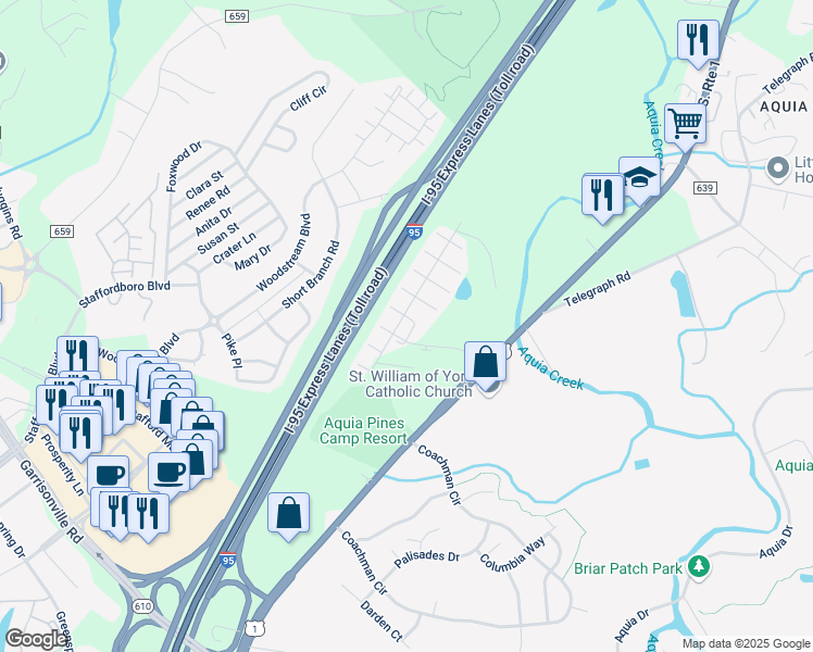 map of restaurants, bars, coffee shops, grocery stores, and more near 109 Regatta Lane in Stafford