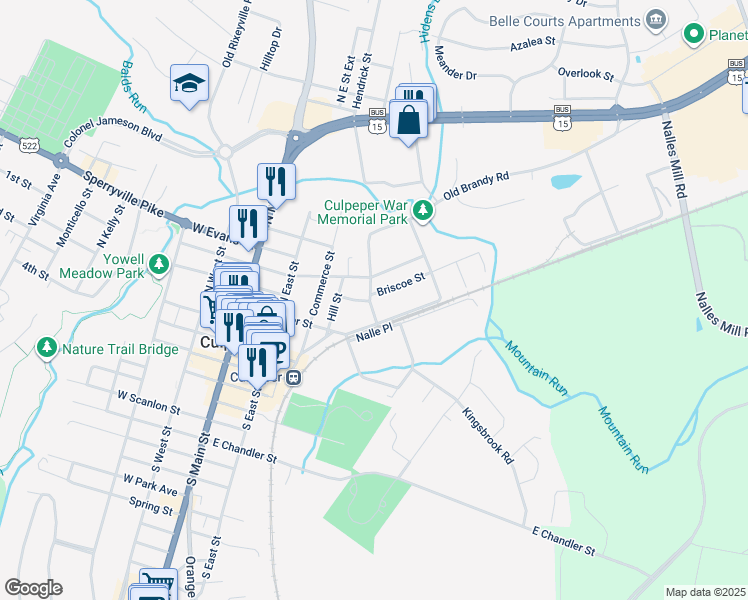 map of restaurants, bars, coffee shops, grocery stores, and more near 405 Clay Street in Culpeper