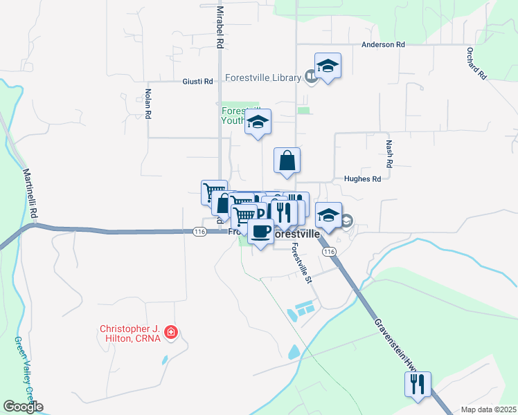 map of restaurants, bars, coffee shops, grocery stores, and more near 6643 Center Street in Forestville