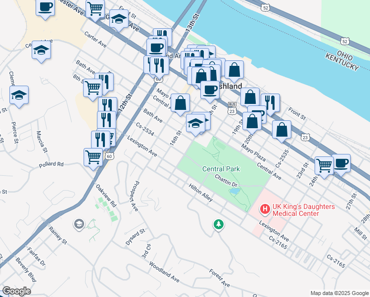 map of restaurants, bars, coffee shops, grocery stores, and more near 615 17th Street in Ashland