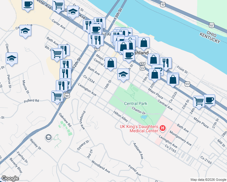 map of restaurants, bars, coffee shops, grocery stores, and more near 1620 Bath Avenue in Ashland