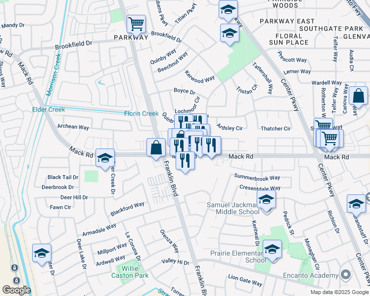 map of restaurants, bars, coffee shops, grocery stores, and more near 4561 Mack Road in Sacramento
