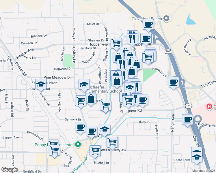 map of restaurants, bars, coffee shops, grocery stores, and more near 3536 Banyan Street in Santa Rosa
