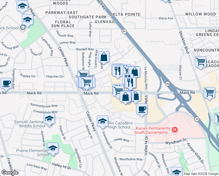 map of restaurants, bars, coffee shops, grocery stores, and more near 6003 Mack Road in Sacramento
