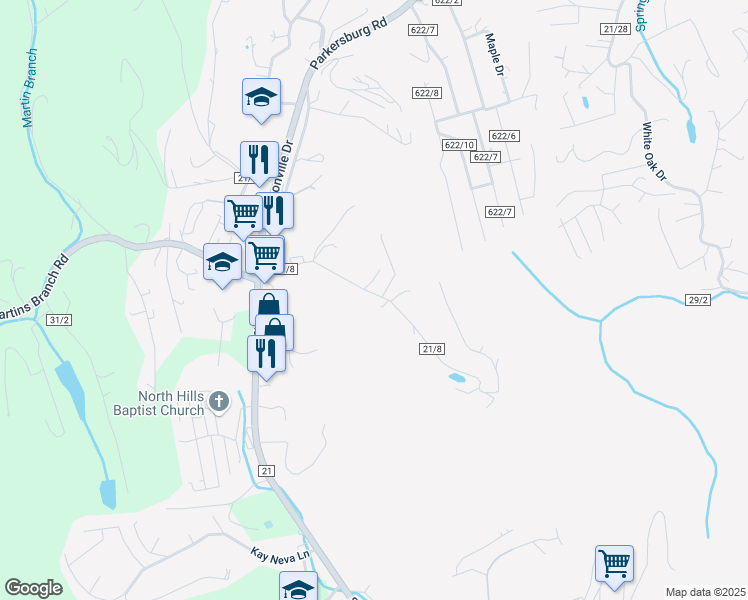 map of restaurants, bars, coffee shops, grocery stores, and more near 1302 Lakewood Drive in Charleston