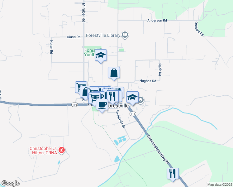 map of restaurants, bars, coffee shops, grocery stores, and more near 6560 Covey Road in Forestville