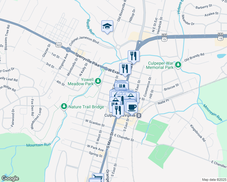 map of restaurants, bars, coffee shops, grocery stores, and more near 215 North West Street in Culpeper
