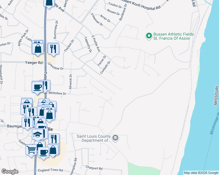 map of restaurants, bars, coffee shops, grocery stores, and more near 2225 Aileswick Drive in St. Louis