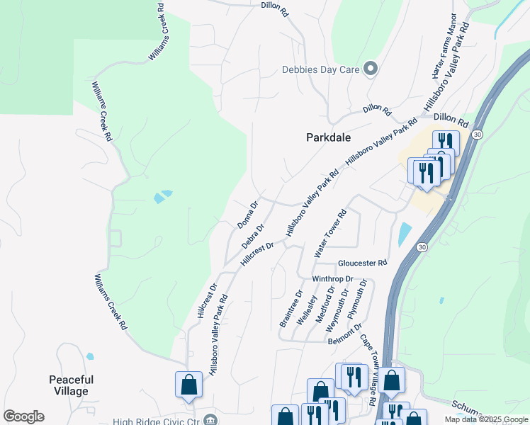 map of restaurants, bars, coffee shops, grocery stores, and more near 2404 Donna Drive in High Ridge