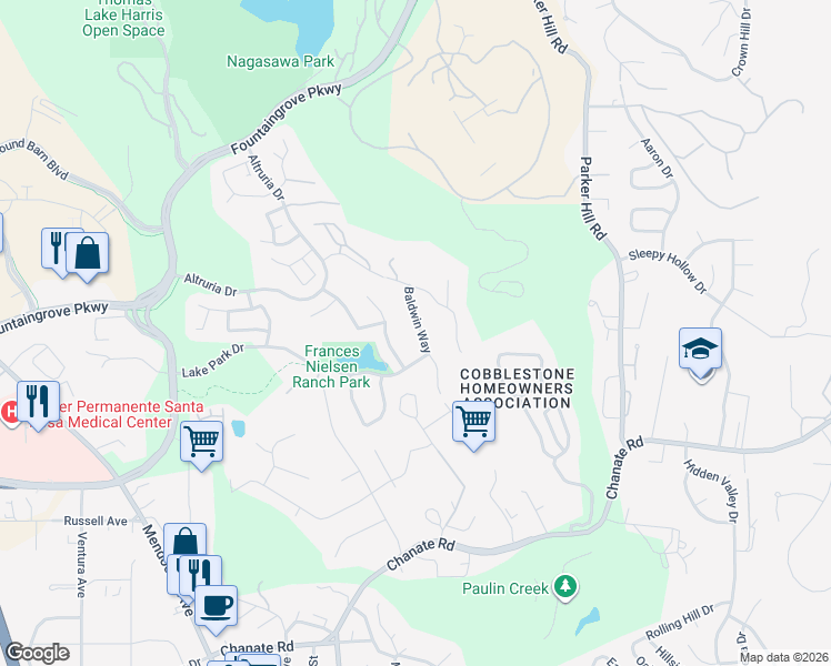 map of restaurants, bars, coffee shops, grocery stores, and more near 3544 Kirkridge Street in Santa Rosa