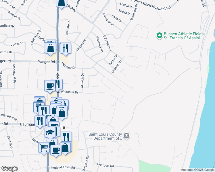 map of restaurants, bars, coffee shops, grocery stores, and more near 2251 Aileswood Ct in St Louis