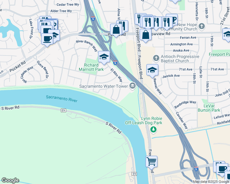 map of restaurants, bars, coffee shops, grocery stores, and more near 7709 Los Rancho Way in Sacramento