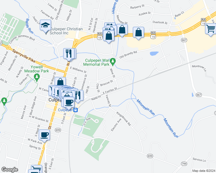 map of restaurants, bars, coffee shops, grocery stores, and more near 710 East Fairfax Street in Culpeper