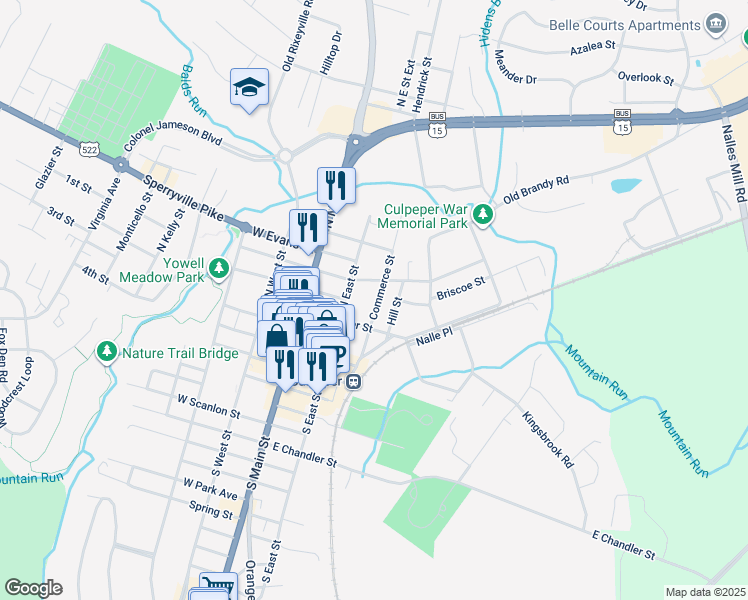 map of restaurants, bars, coffee shops, grocery stores, and more near 406 Commerce Street in Culpeper