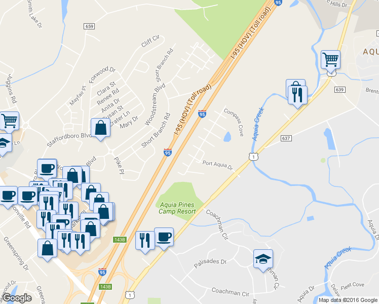 map of restaurants, bars, coffee shops, grocery stores, and more near 110 Dolphin Cove in Stafford