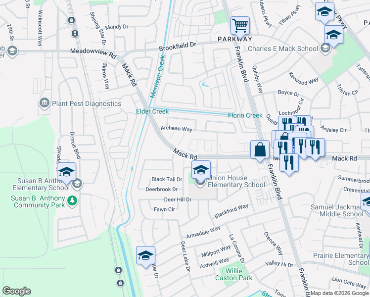 map of restaurants, bars, coffee shops, grocery stores, and more near 31 Icarus Court in Sacramento