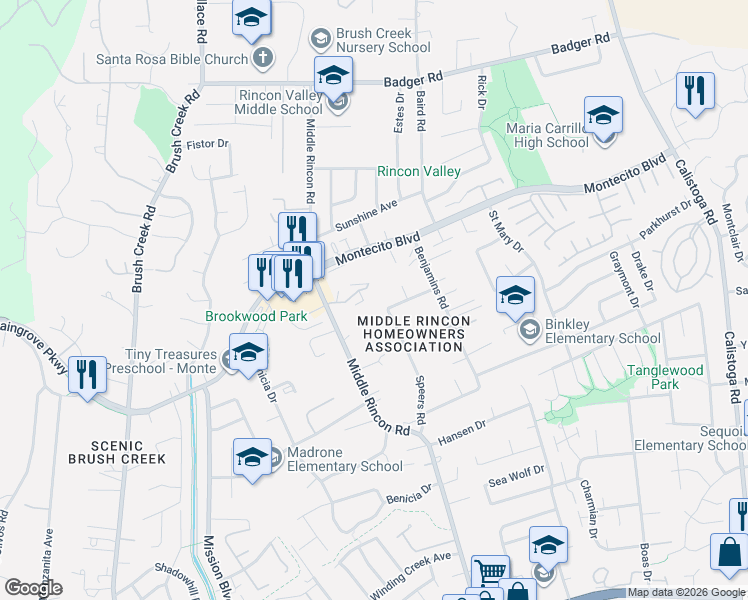 map of restaurants, bars, coffee shops, grocery stores, and more near 41 Redwood Court in Santa Rosa
