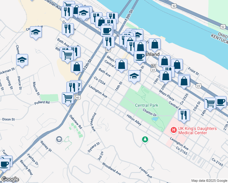 map of restaurants, bars, coffee shops, grocery stores, and more near 1520 Montgomery Avenue in Ashland