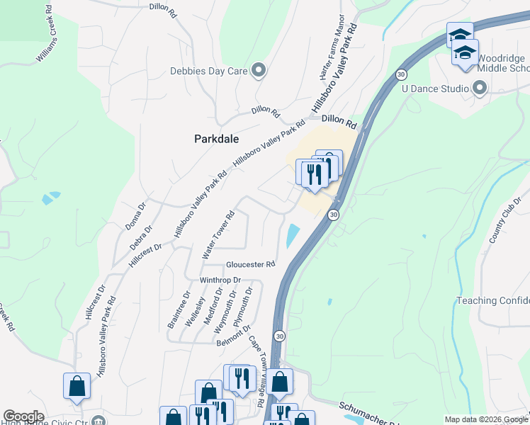 map of restaurants, bars, coffee shops, grocery stores, and more near 2301 Chelsea Ct in High Ridge