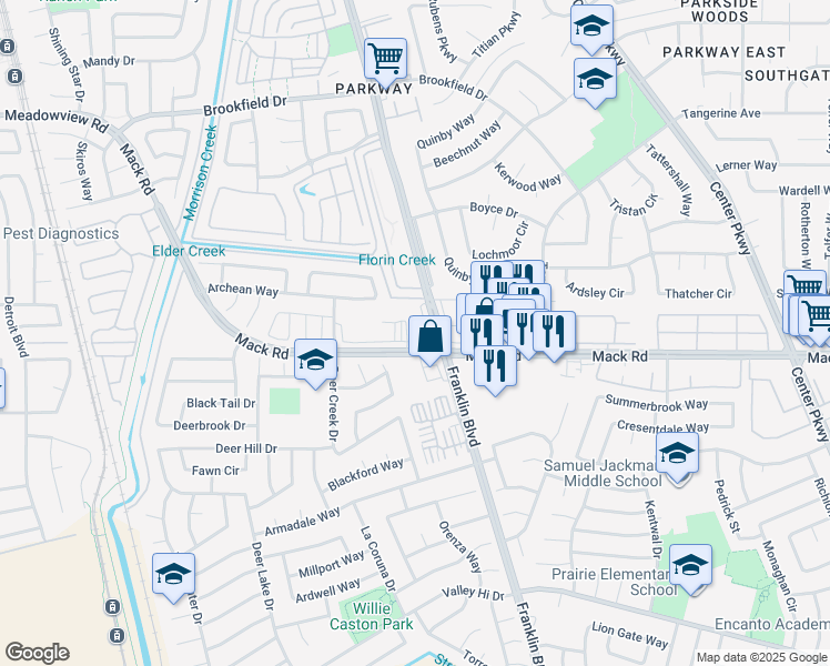 map of restaurants, bars, coffee shops, grocery stores, and more near 4495 Mack Road in Sacramento