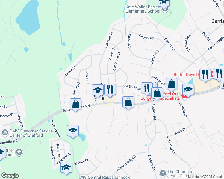 map of restaurants, bars, coffee shops, grocery stores, and more near 111 Austin Drive in Stafford