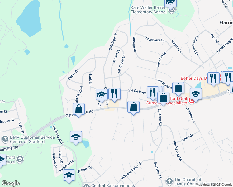 map of restaurants, bars, coffee shops, grocery stores, and more near 111 Austin Drive in Stafford