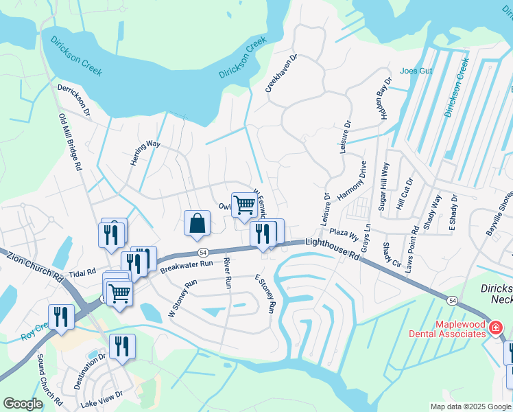 map of restaurants, bars, coffee shops, grocery stores, and more near 36997 Owl Drive in Selbyville