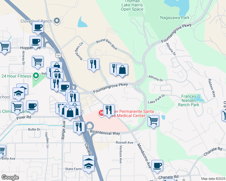 map of restaurants, bars, coffee shops, grocery stores, and more near 200 Fountaingrove Parkway in Santa Rosa