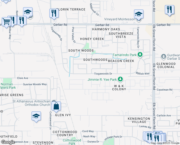 map of restaurants, bars, coffee shops, grocery stores, and more near 8643 Crystal River Way in Sacramento