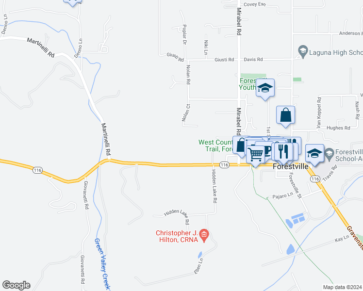 map of restaurants, bars, coffee shops, grocery stores, and more near 123 Nolan Court in Forestville