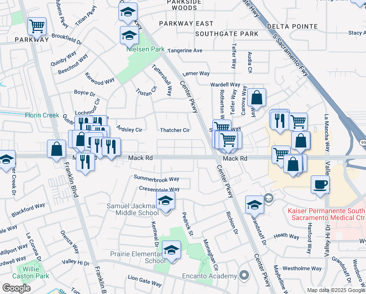 map of restaurants, bars, coffee shops, grocery stores, and more near 5245 Mack Road in Sacramento