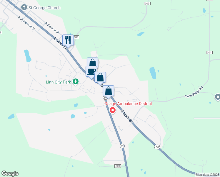 map of restaurants, bars, coffee shops, grocery stores, and more near 1221 East Main Street in Linn
