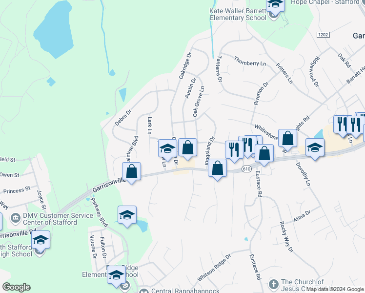 map of restaurants, bars, coffee shops, grocery stores, and more near 110 Austin Drive in Stafford