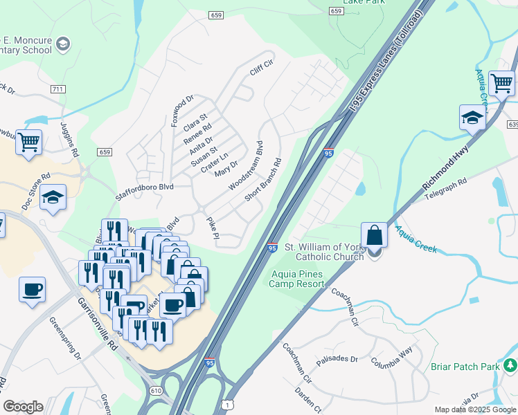 map of restaurants, bars, coffee shops, grocery stores, and more near 93 Hunting Creek Lane in Stafford