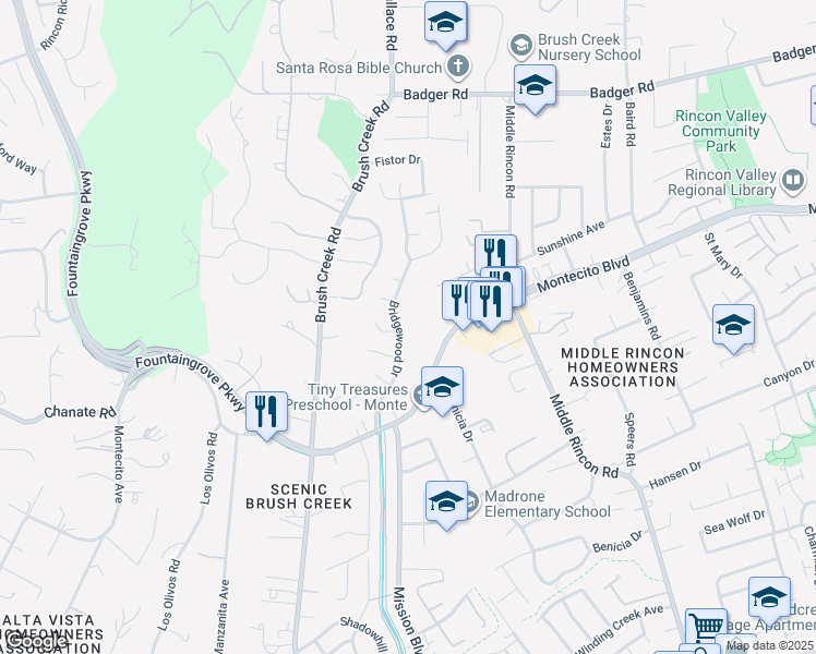 map of restaurants, bars, coffee shops, grocery stores, and more near 6342 Bridgewood Drive in Santa Rosa