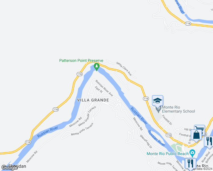 map of restaurants, bars, coffee shops, grocery stores, and more near 21848 Russian River Avenue in Monte Rio